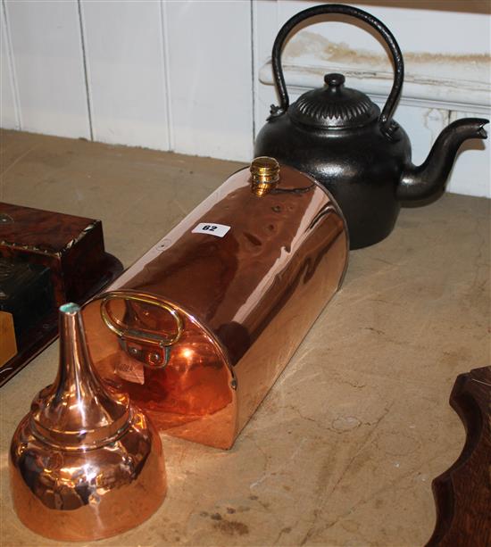 Copper bed warmer, funnel & iron kettle